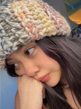 Chunky Multicolor Knit Beanie - Cream with Yellow & Coral Accents